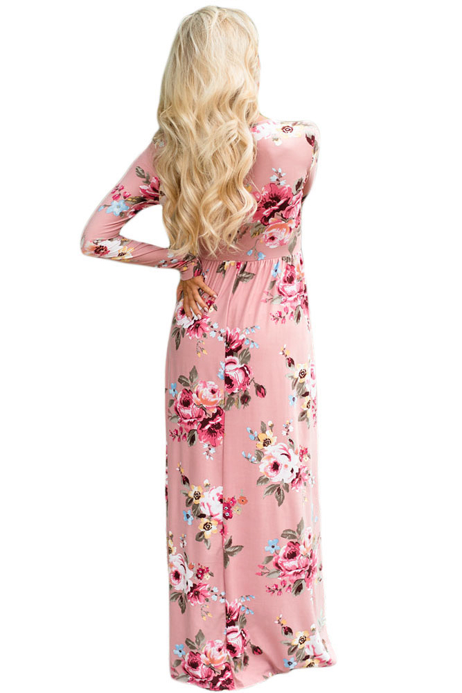 BY61772-10 Mauve Floral Surplice Long Sleeve Maxi Boho Dress